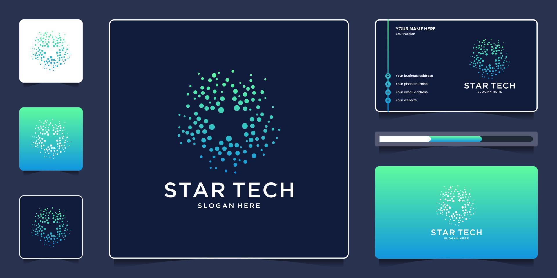 diseño de logotipo de tecnología de molécula abstracta con logotipo de icono de punto de estrella abstracto y tarjeta de visita vector