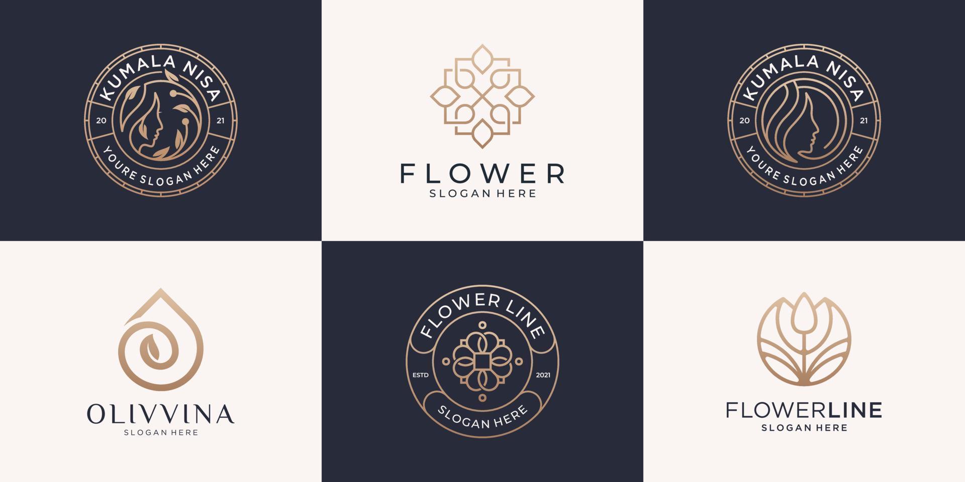 Feminine beauty logo design collection. women, flower, olive, gold emblems with line art style and decorative for branding logo, corporate identity and wedding design vector