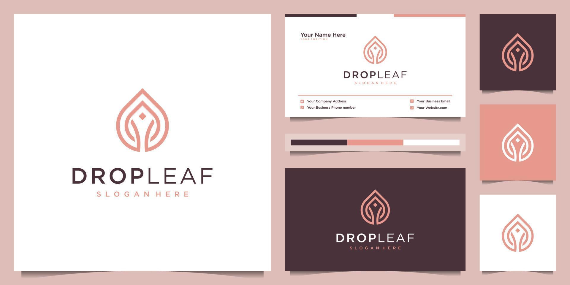 Drop leaf logo design and business card. luxury logo oil with leaf liner concept vector