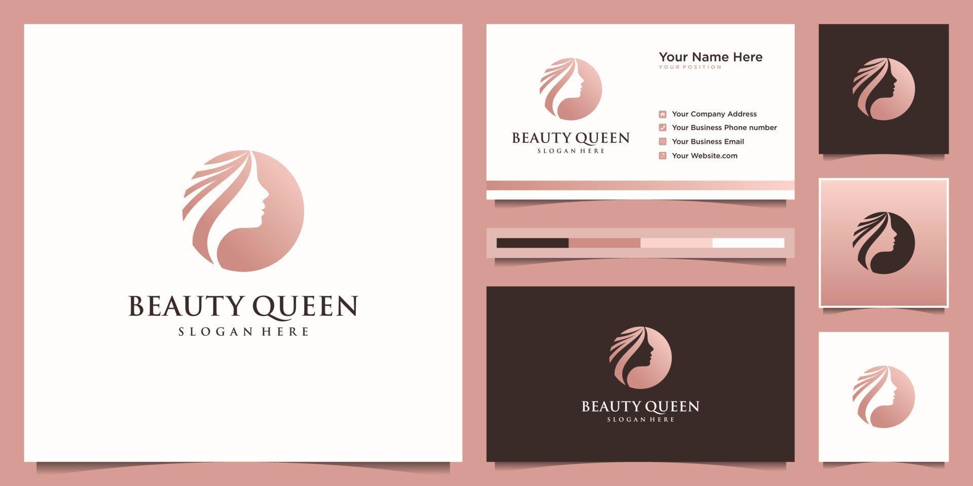 elegante mujer peluquería diseño de logotipo degradado dorado y tarjeta de visita vector