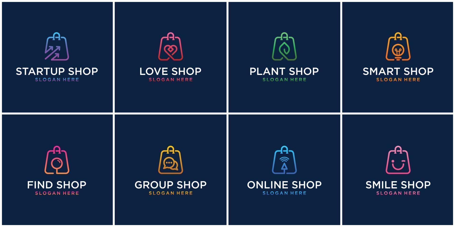 conjunto de plantillas creativas de diseño de logotipos de compras en línea. línea minimalista combina bolsa de símbolos, puesta en marcha, amor, planta, lámpara inteligente, búsqueda, grupo, chat, bombilla, tienda en línea, sonrisa. vector