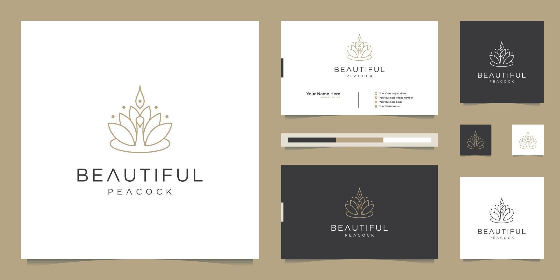 logo design beautiful peacock and business card template. minimalist luxury fashion line designs, jewelry, salon, spa. vector