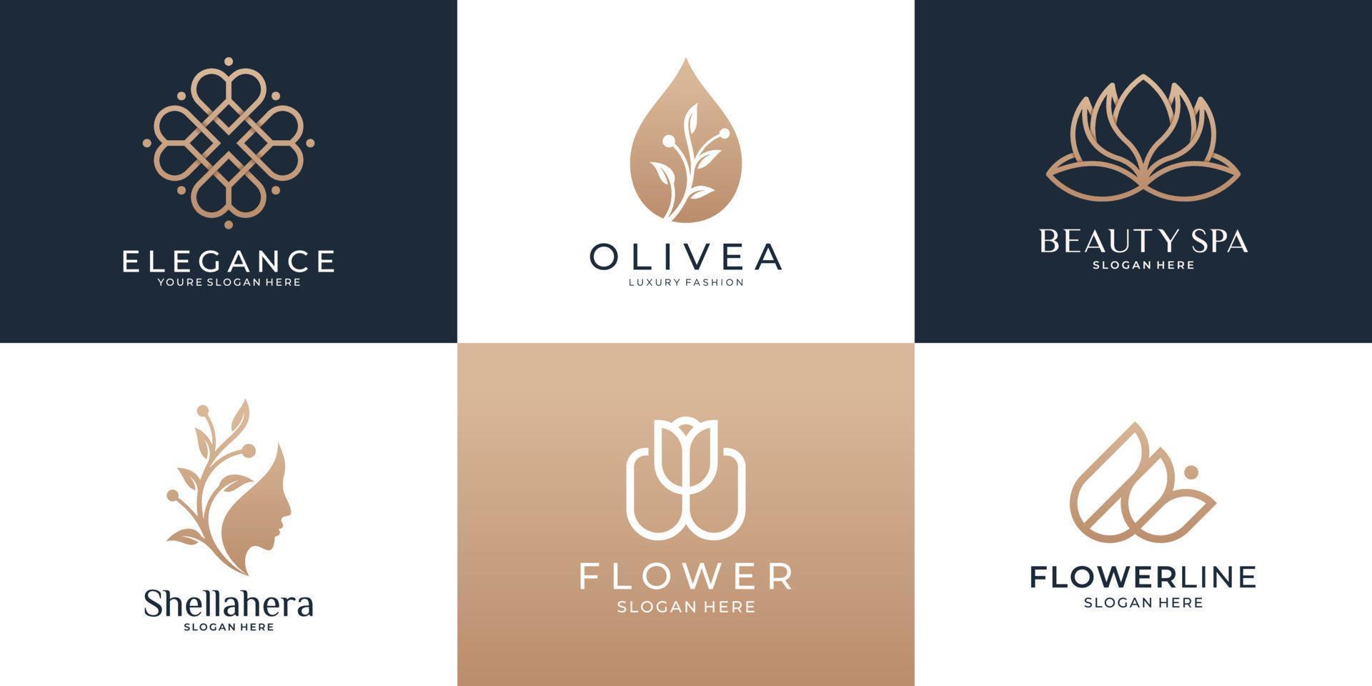 Set of beauty luxury logo design template. Feminine icons with flower, olive oil, women, lotus, ornate. vector