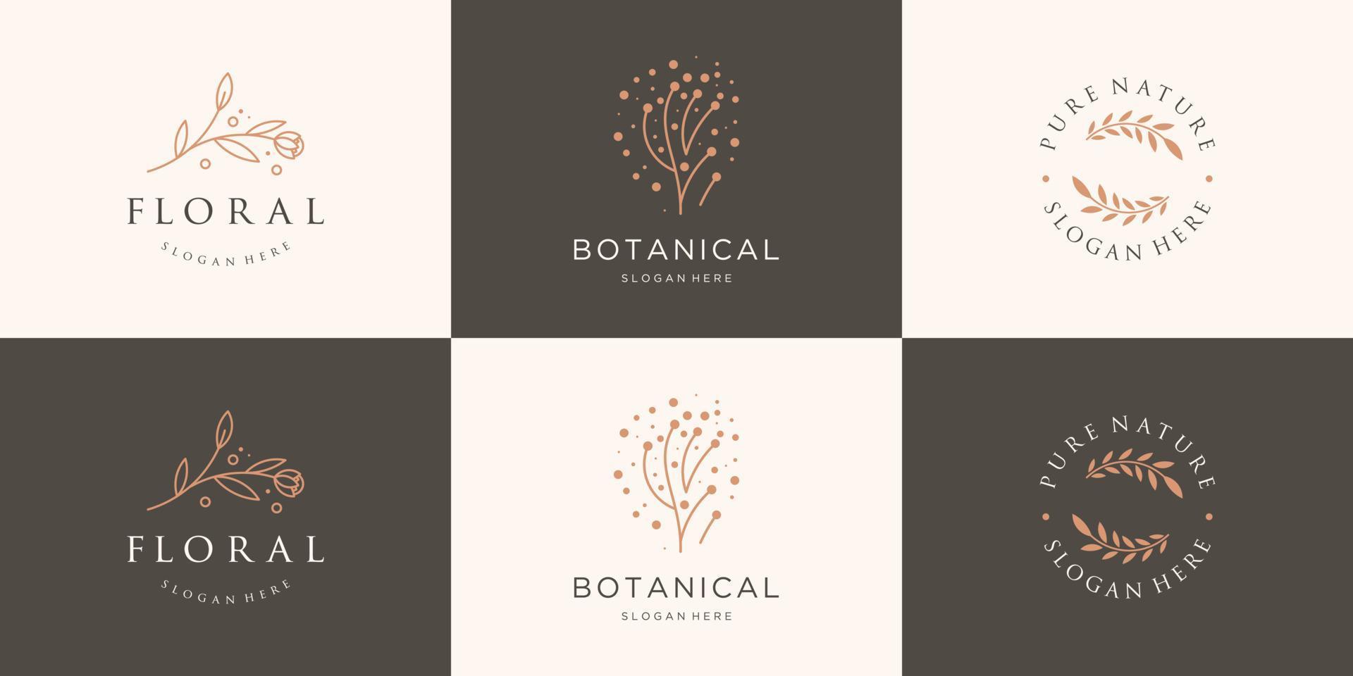 Set collection minimalist floral and leaf logo design feminine luxury line art. vector