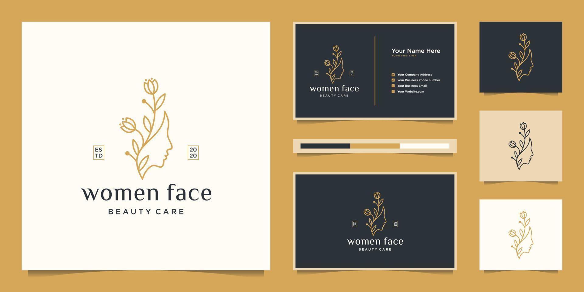 Beauty woman's face flower with line art style logo and business card design. feminine design concept for beauty salon, massage, magazine, cosmetic and spa. vector