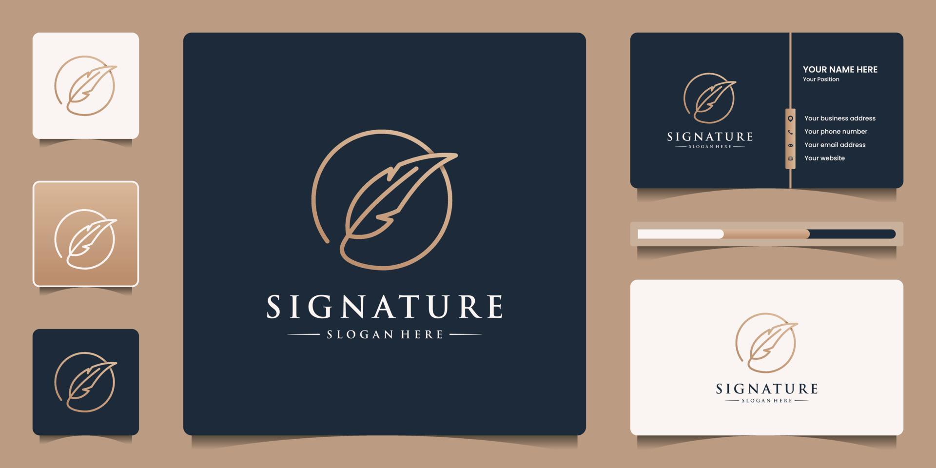 Creative golden quill signature logo design with minimalist feather ink logo template vector