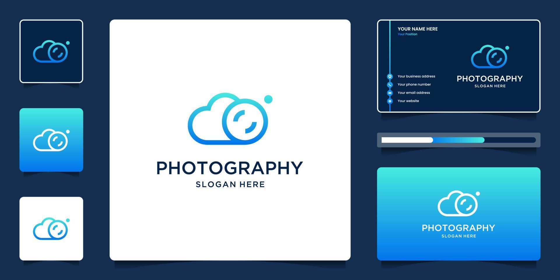 Creative combination of clouds and photo frames logo design for photography with business cards vector