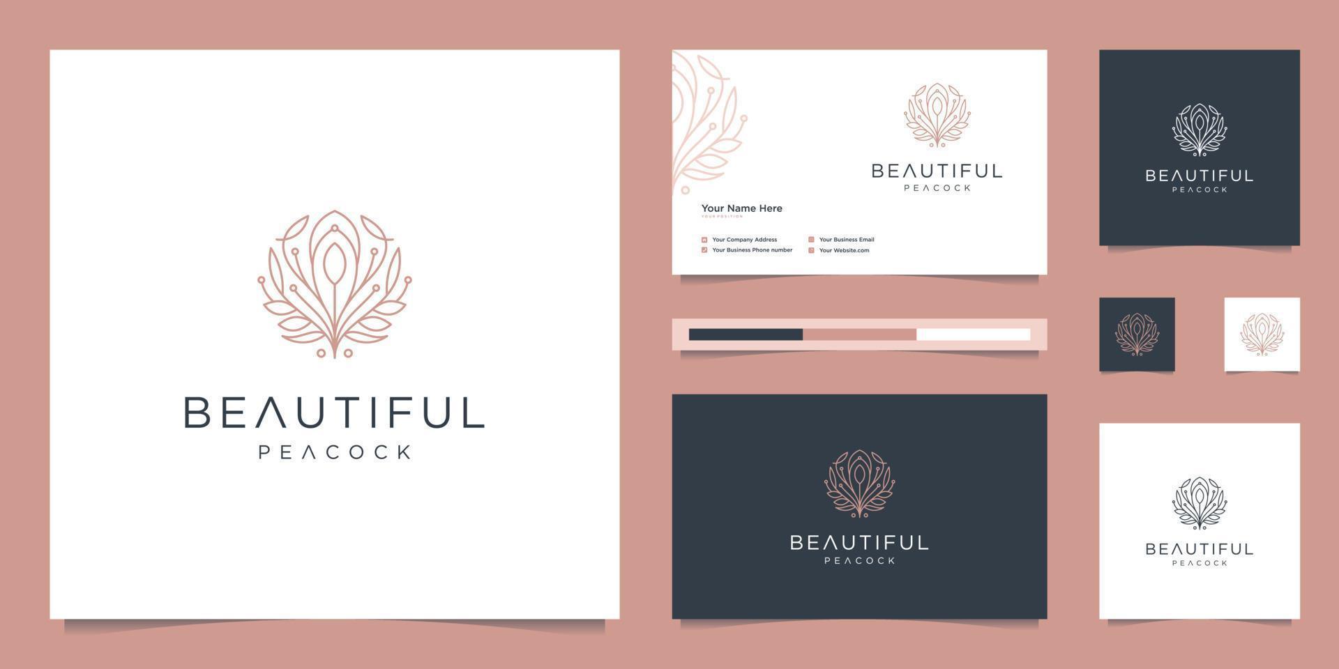 logo design beautiful peacock and business card template. minimalist luxury fashion line designs, jewelry, salon, spa. vector