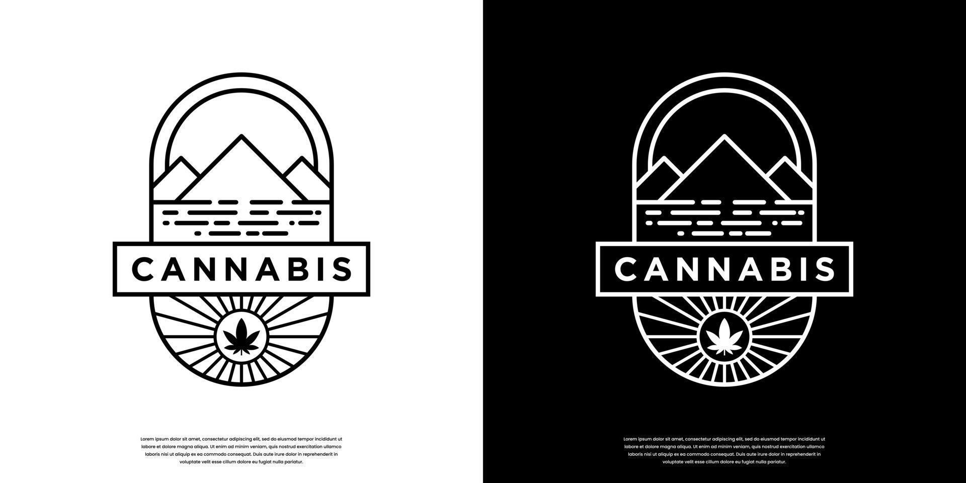 diseño retro vintage de cannabis y logotipo de montaña con estilo de arte lineal vector