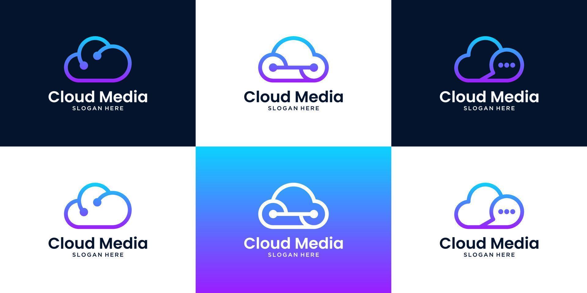 colección de plantilla de logotipo de tecnología. línea de nube de icono creativo con conexión de circuito, punto y datos. vector
