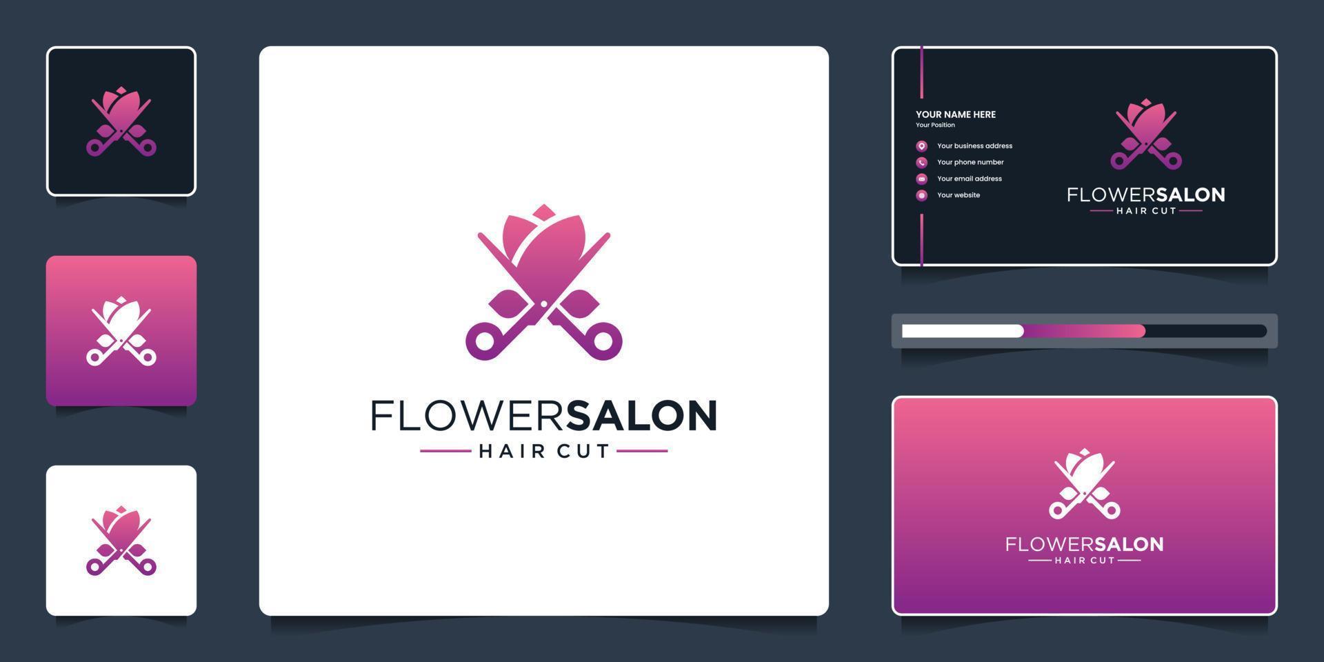 flor de belleza y logotipo de tijera para logotipo de salón con plantilla de tarjeta de visita vector