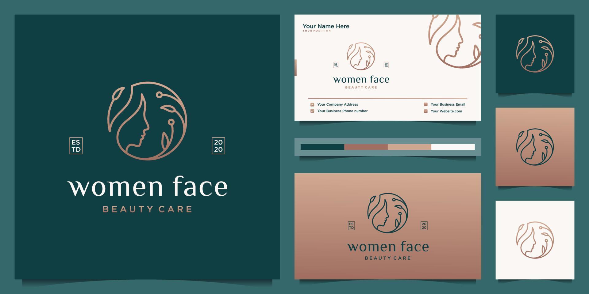 Beauty woman's face flower with line art style logo and business card design. feminine design concept for beauty salon, massage, magazine, cosmetic and spa. vector
