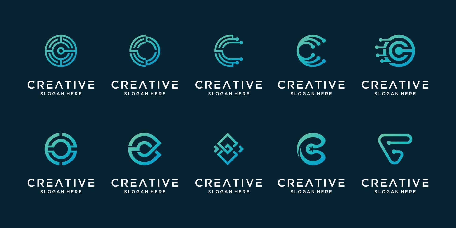 conjunto de logotipo de tecnología digital de revestimiento moderno de letra c creativa. el logotipo se puede utilizar para tecnología, digital, conexión, datos, empresa eléctrica. vector