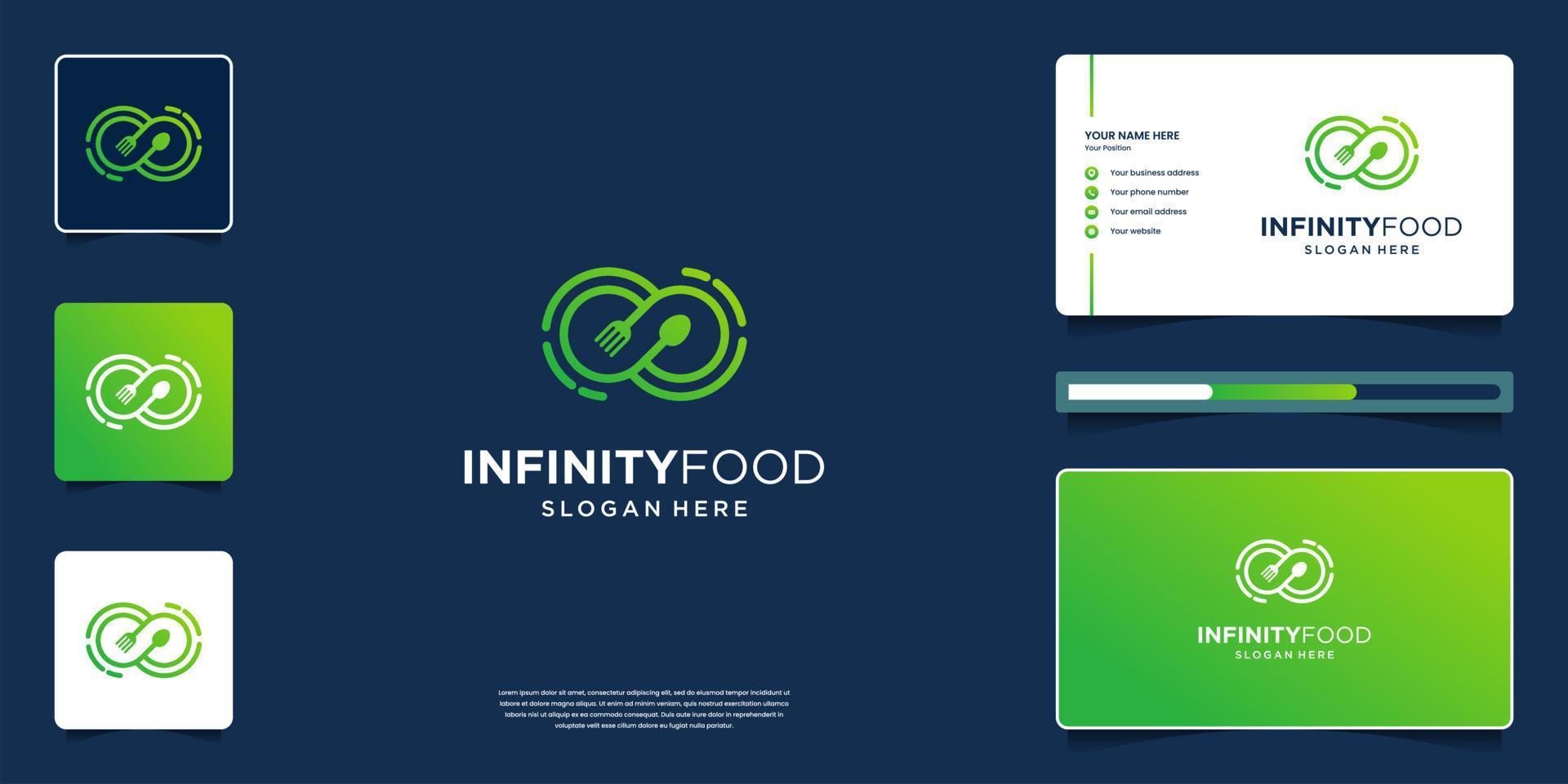 logotipo de comida con símbolo infinito, diseño de logotipo creativo y tarjeta de visita vector