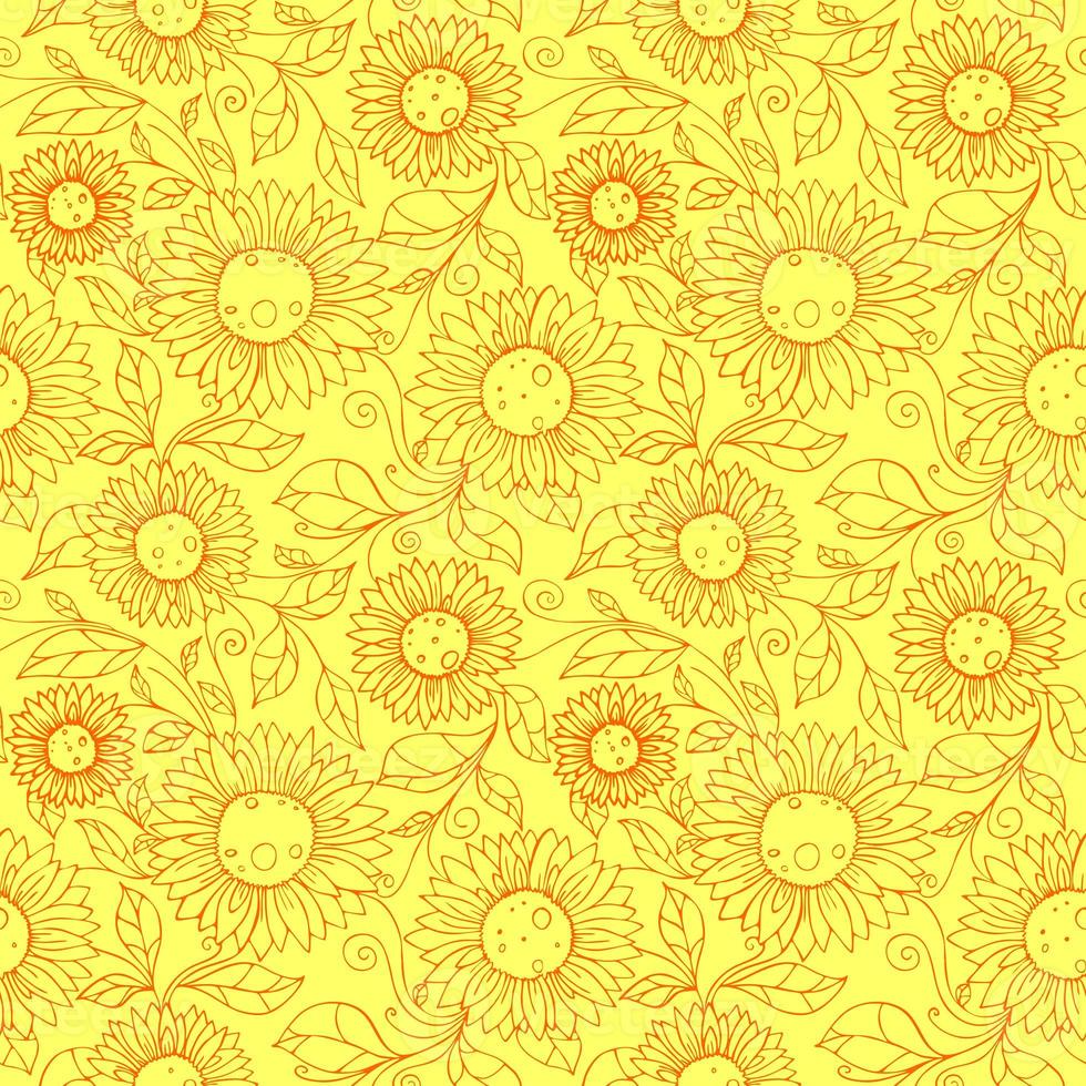 seamless pattern of orange contours of flowers on a yellow background, texture, design photo