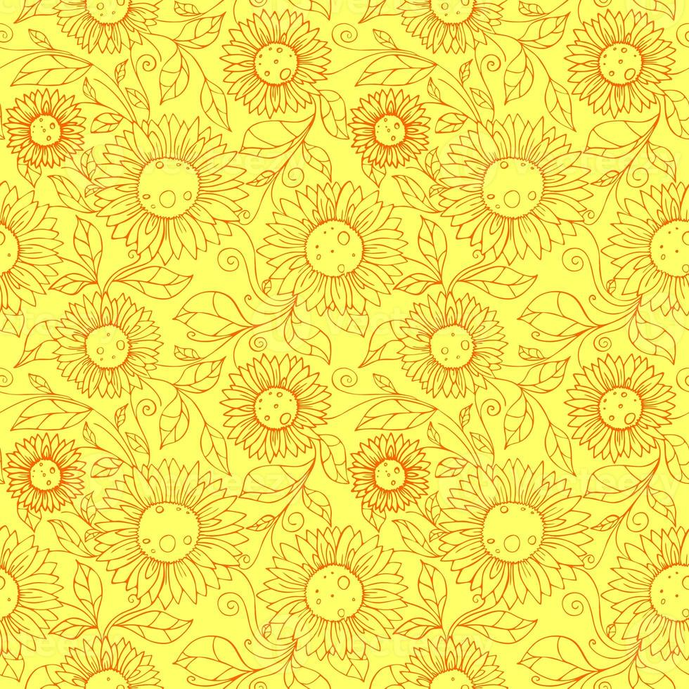 seamless pattern of orange contours of flowers on a yellow background, texture, design photo