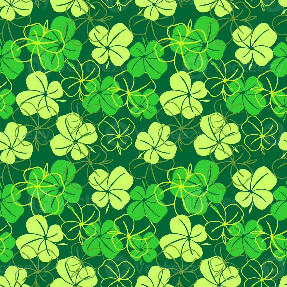 seamless pattern of green contours and silhouettes of a four-leaf clover on a green background, texture design photo