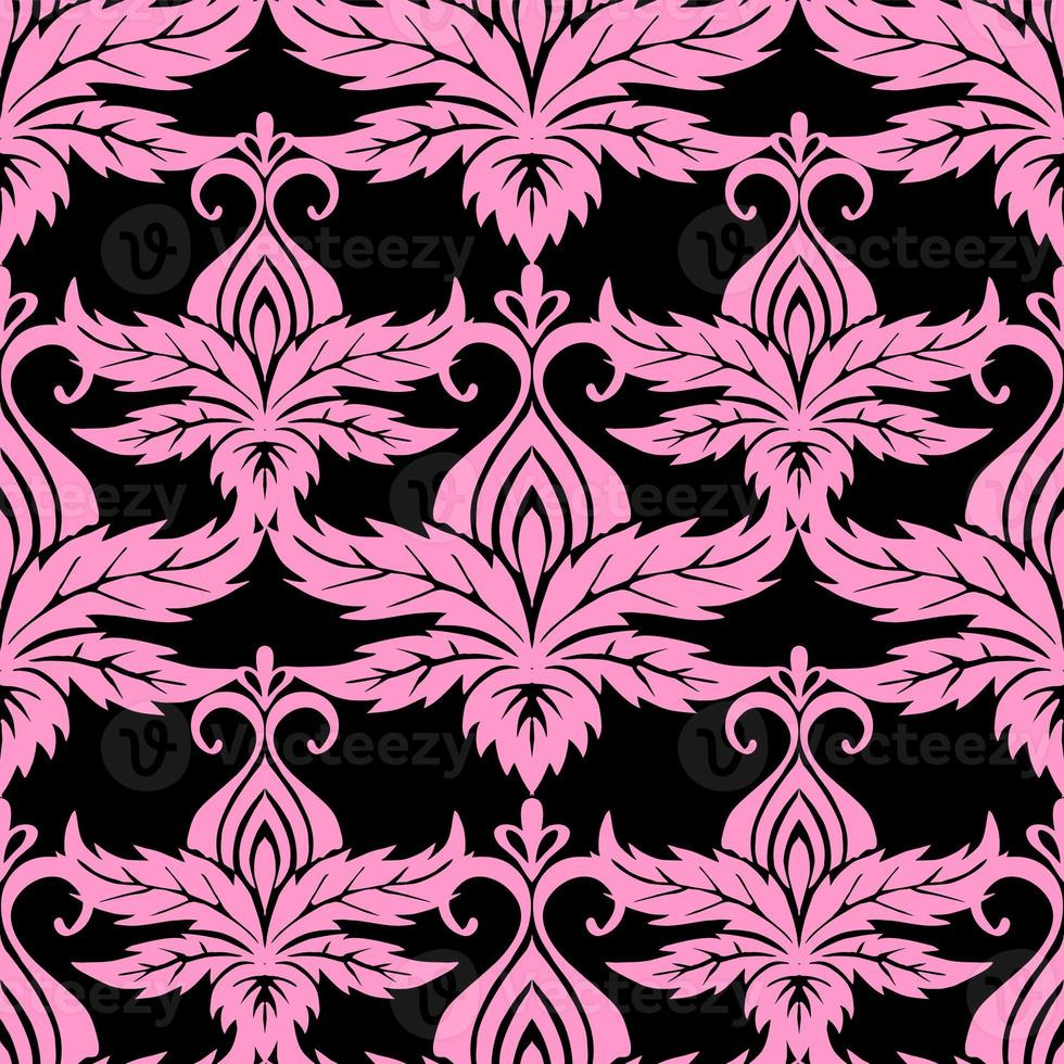 seamless symmetrical pattern of abstract pink plant elements on a black background, texture, design photo