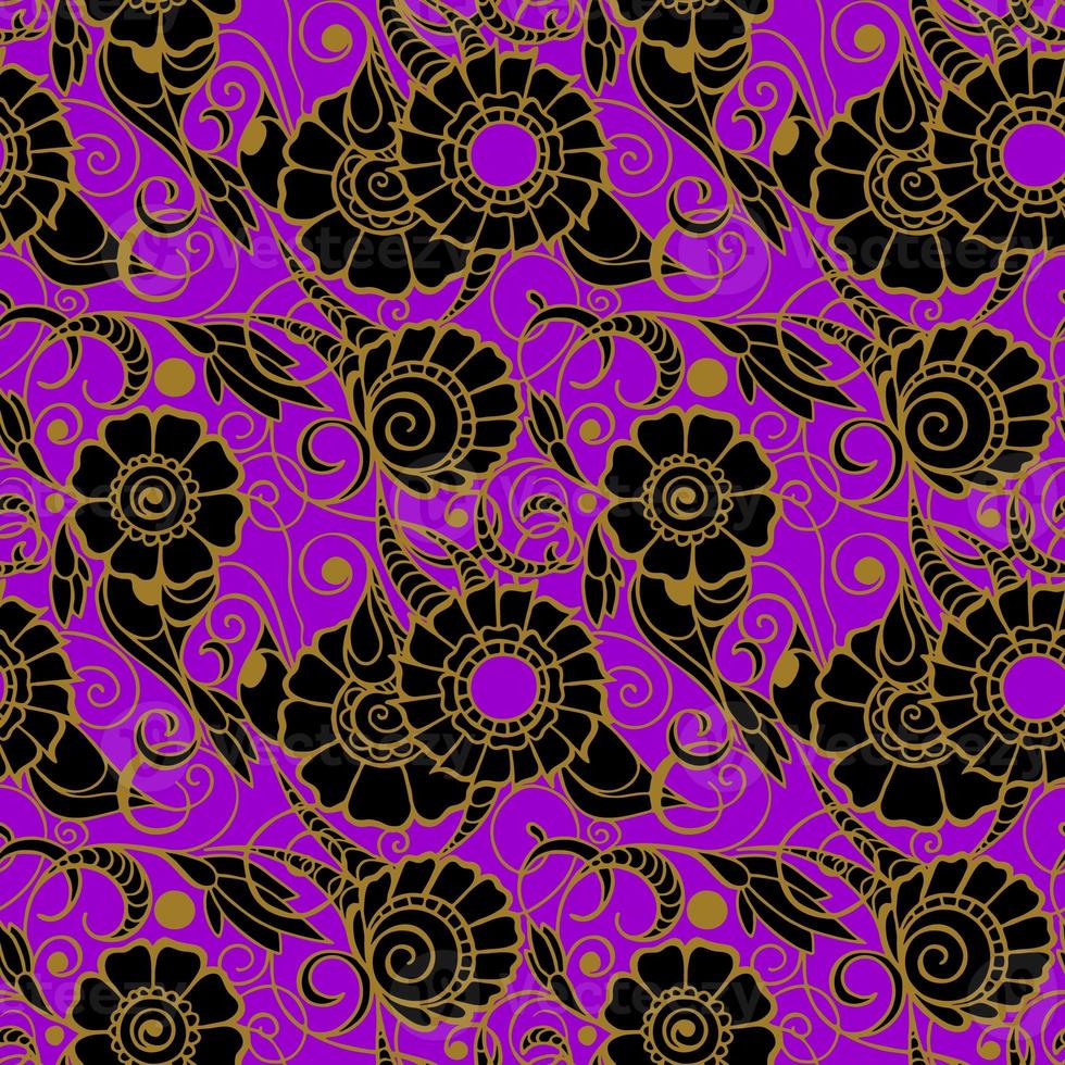 seamless pattern of large black flowers with a golden outline on a purple background, texture, design photo