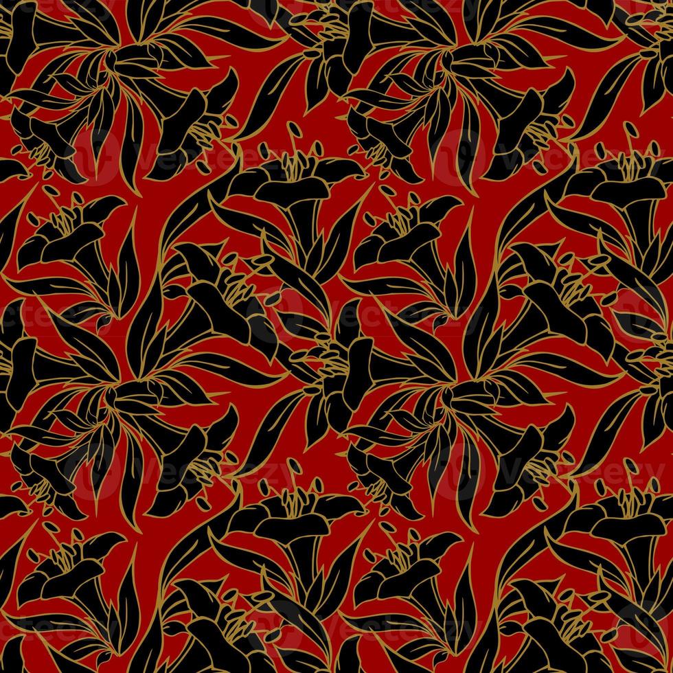 seamless pattern of large black flowers with a golden outline on a red background, texture, design photo