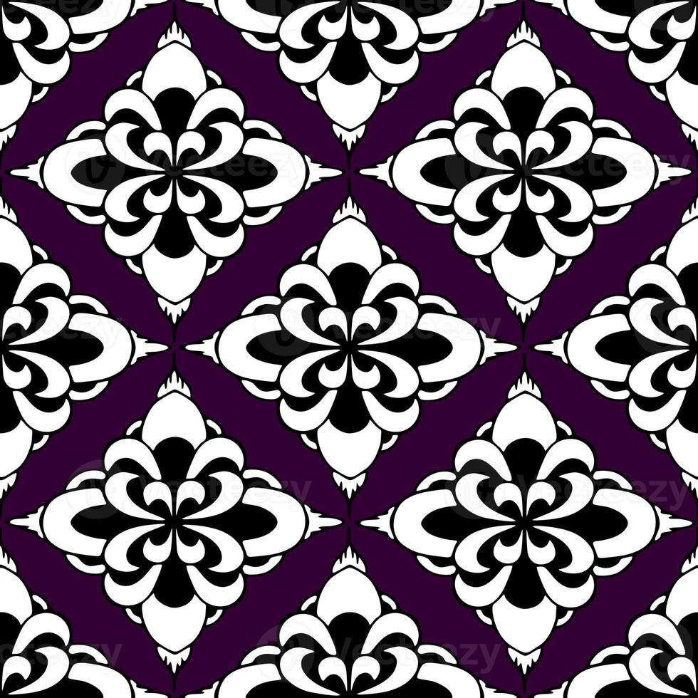 seamless symmetrical pattern of abstract black and white geometric shapes on purple background, texture photo