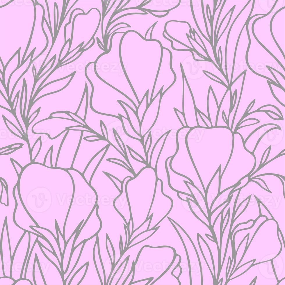 simple two-tone seamless pattern of gray large contours of flowers on a pink background, texture, design photo