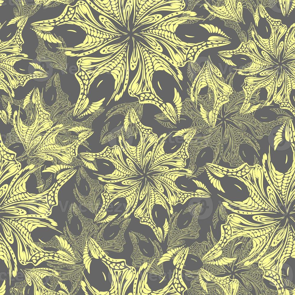 seamless yellow openwork pattern of abstract decorative elements on a gray background, texture, design photo