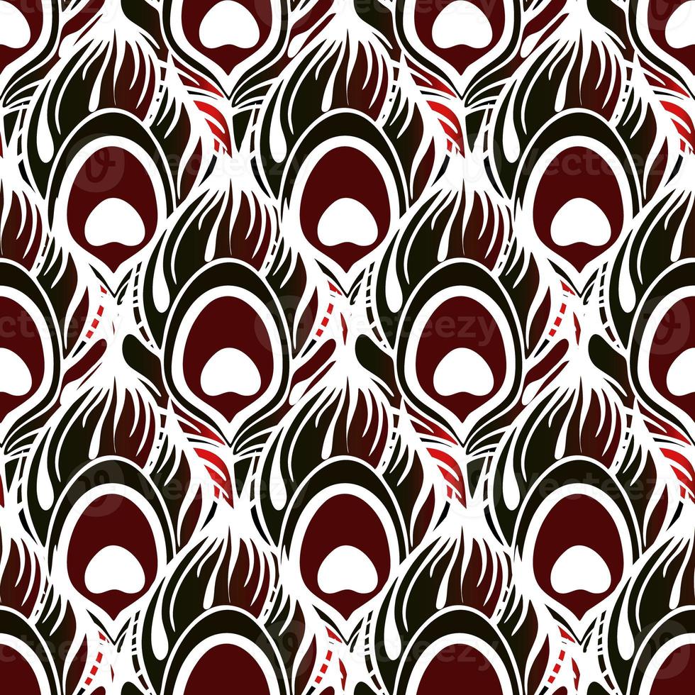 seamless symmetrical pattern of peacock feathers in red colors and white outline, texture, design photo