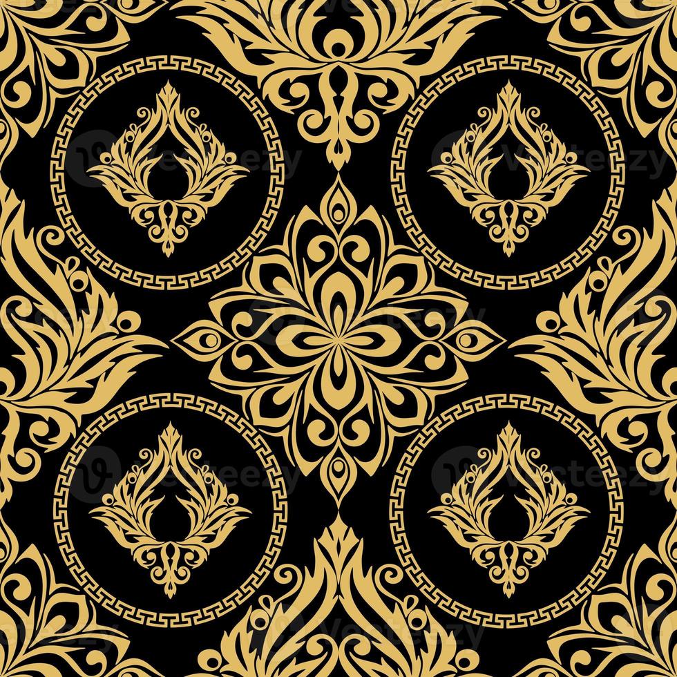 seamless graphic pattern, tile with abstract geometric gold ornament on black background, texture, design photo