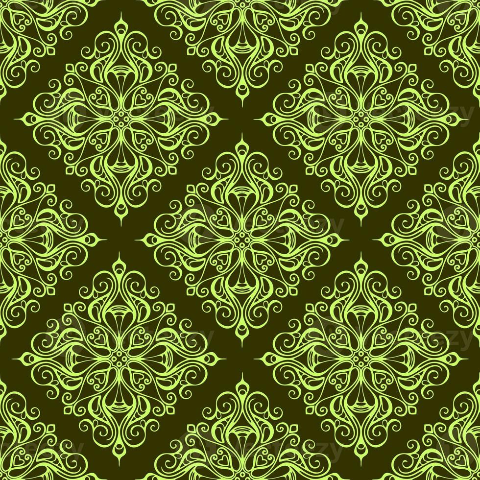 seamless graphic pattern, tile with abstract geometric green ornament on olive background, texture, design photo