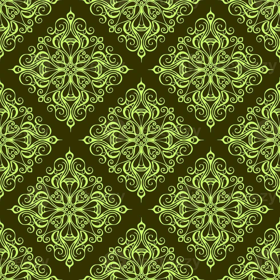 seamless graphic pattern, tile with abstract geometric green ornament on olive background, texture, design photo