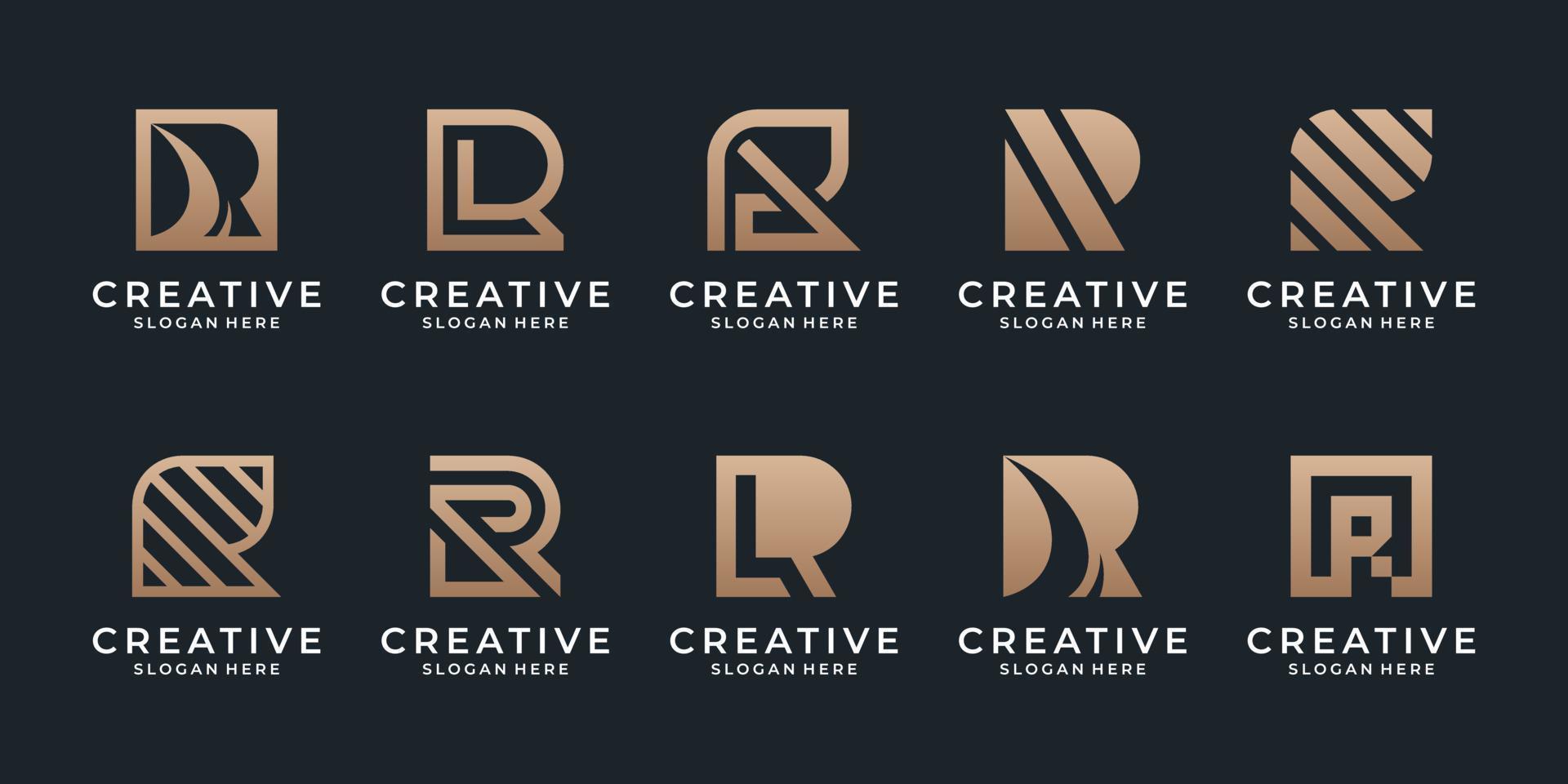 conjunto de colección de logotipos de letra r con concepto dorado para consultoría empresarial, inicial, empresa financiera vector