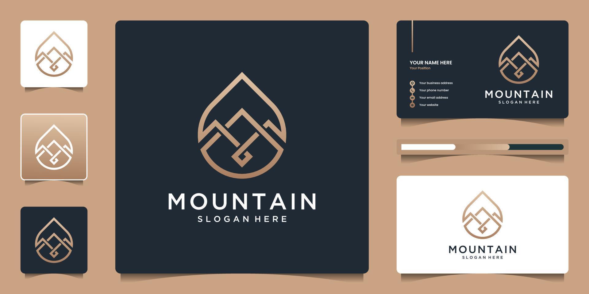 montaña minimalista con diseño de logotipo de gota de agua. tarjeta de visita de plantilla de lujo para su marca. vector