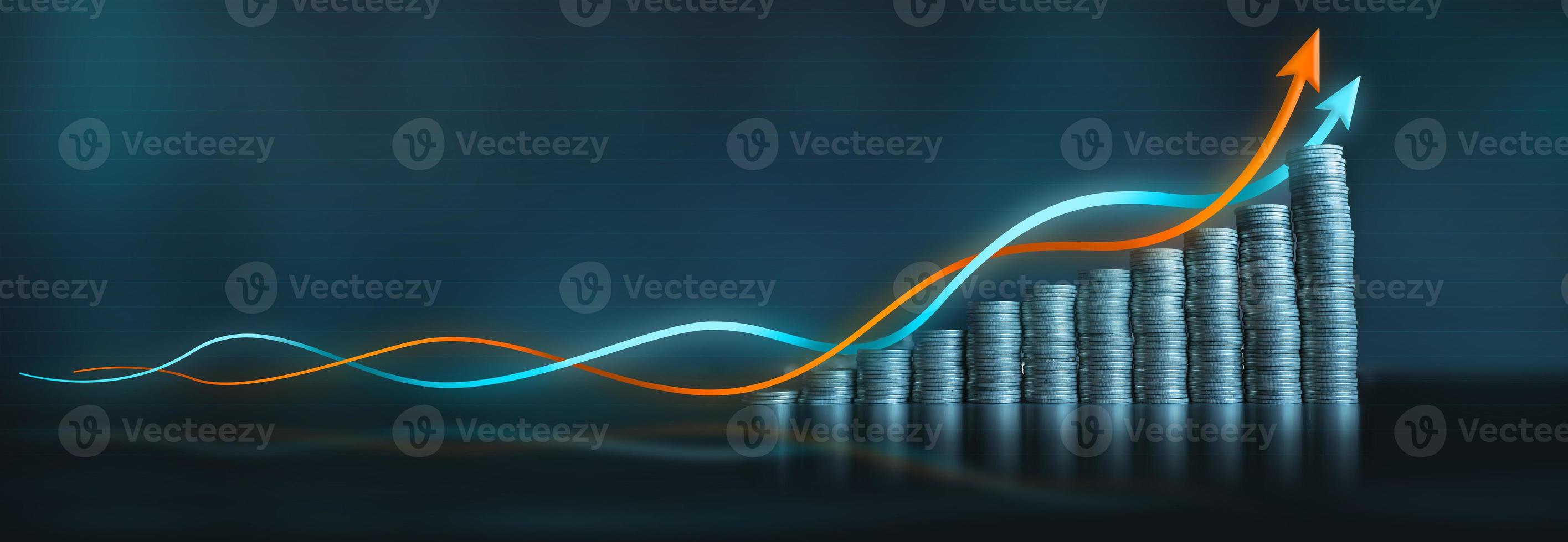 Two economic growth lines run up a series of coin columns against a dark blue background photo