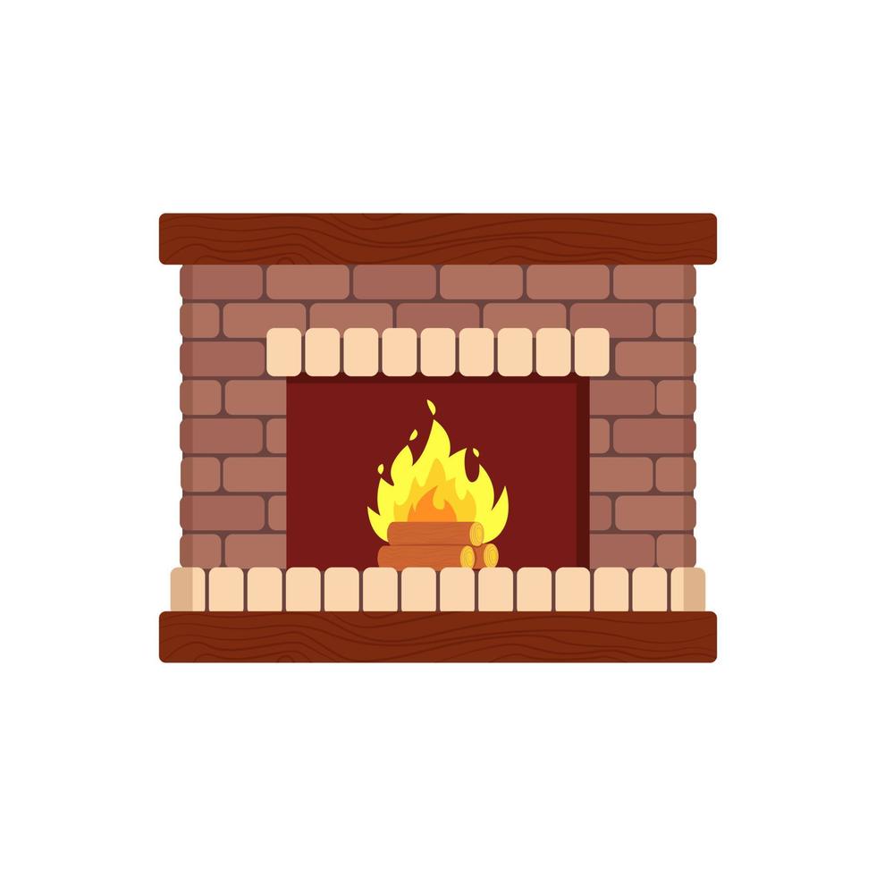 Cozy brick fireplace, wood fire, heating device. Vector illustration in flat cartoon style.