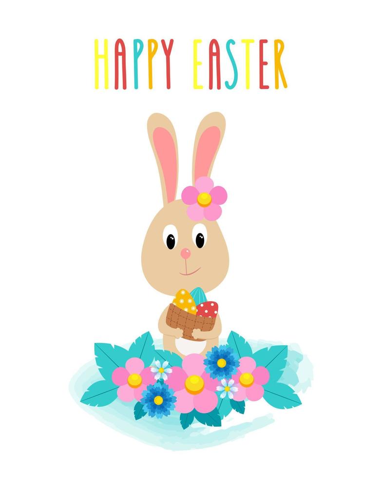 Cute rabbit with a basket of eggs between flowers Easter greeting card. Flat vector illustration