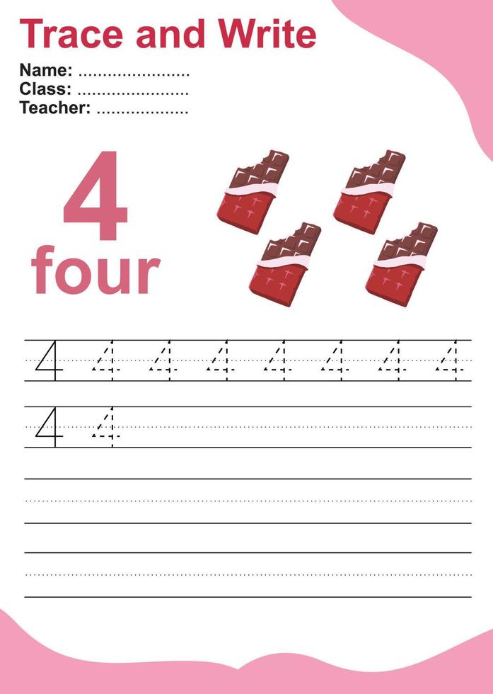 Trace and write number for children. Exercise for children to recognize the number. Educational worksheet for preschool. Valentine theme. Vector file.