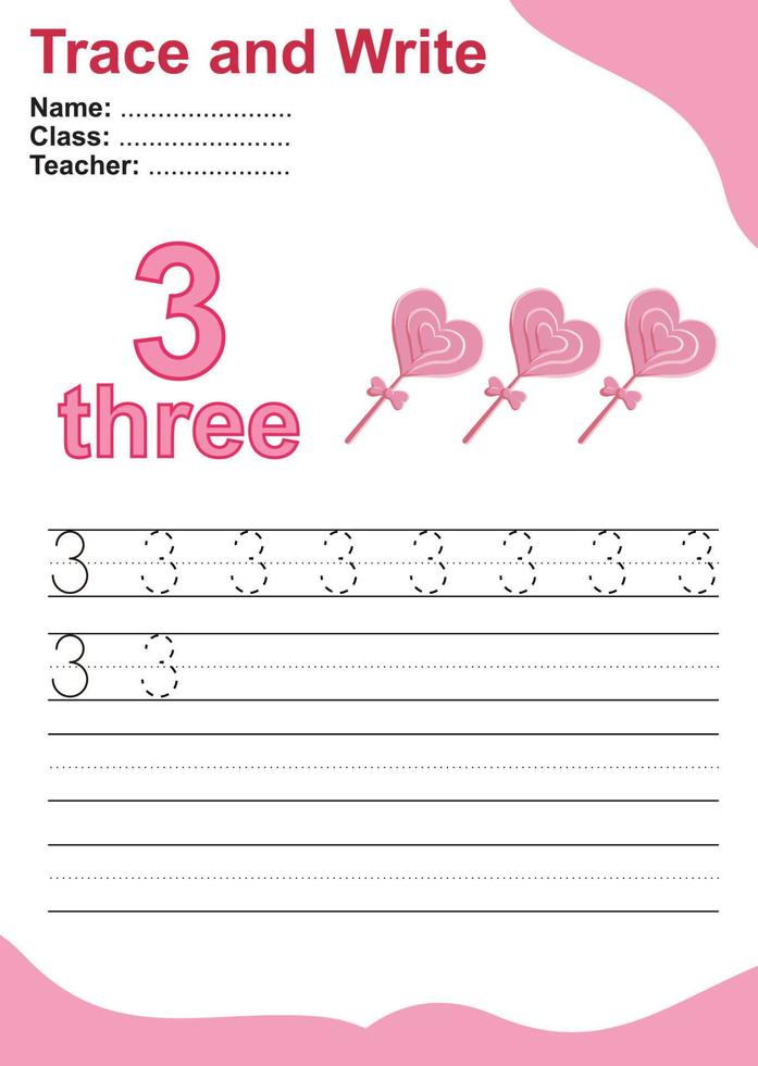 Trace and write number for children. Exercise for children to recognize the number. Educational worksheet for preschool. Valentine theme. Vector file.