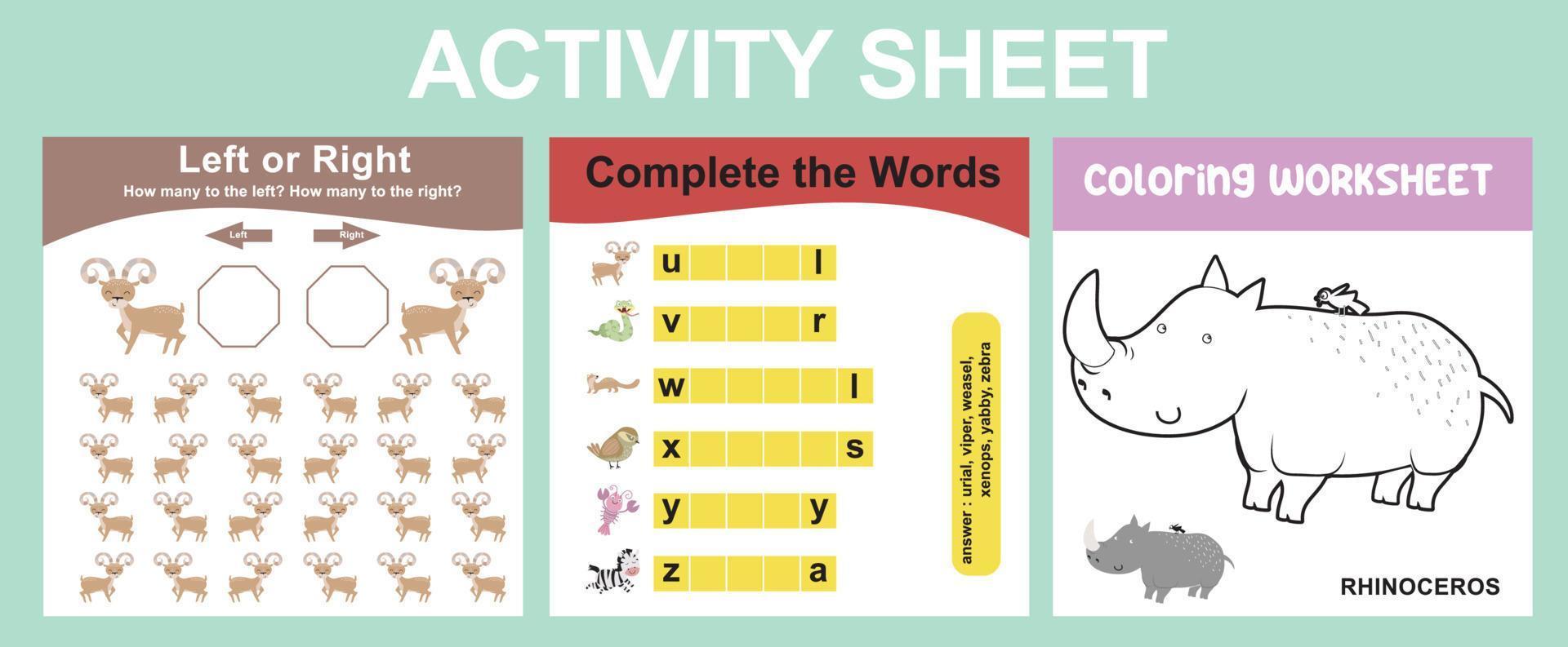 Educational printable worksheet. Activity sheet for children with animal theme. Coloring sheet, counting left or right animals, complete the words activity. Vector file.