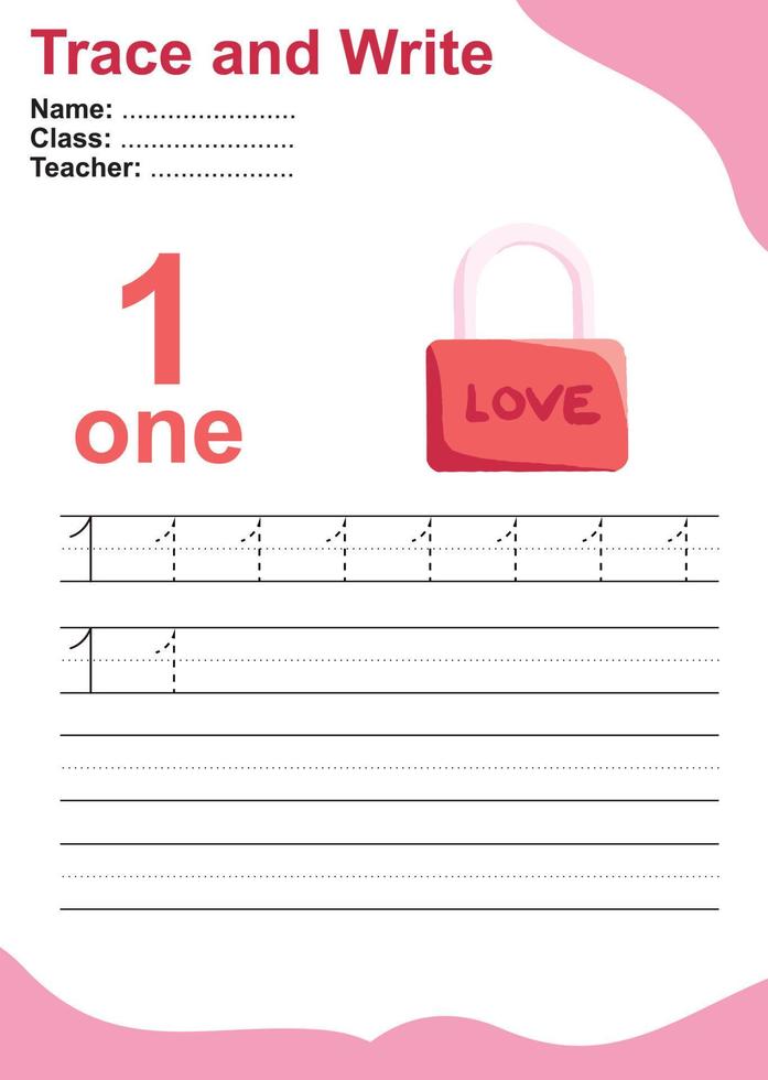 Trace and write number for children. Exercise for children to recognize the number. Educational worksheet for preschool. Valentine theme. Vector file.