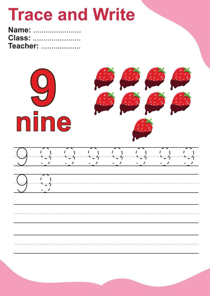 Trace and write number for children. Exercise for children to recognize the number. Educational worksheet for preschool. Valentine theme. Vector file.