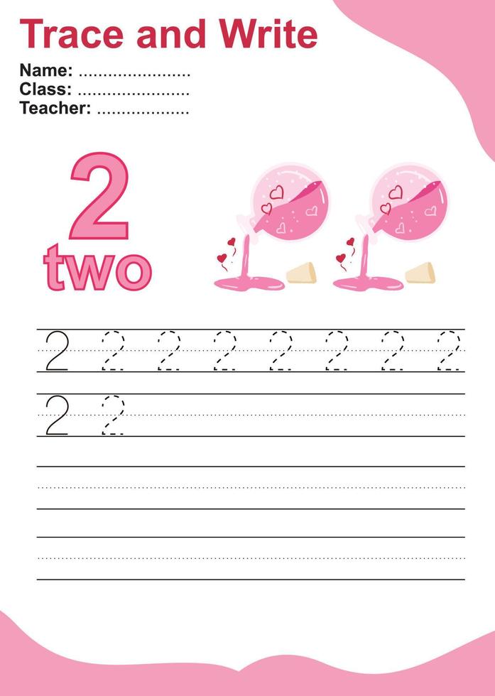 Trace and write number for children. Exercise for children to recognize the number. Educational worksheet for preschool. Valentine theme. Vector file.