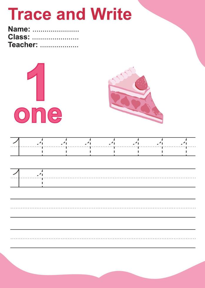 Trace and write number for children. Exercise for children to recognize the number. Educational worksheet for preschool. Valentine theme. Vector file.