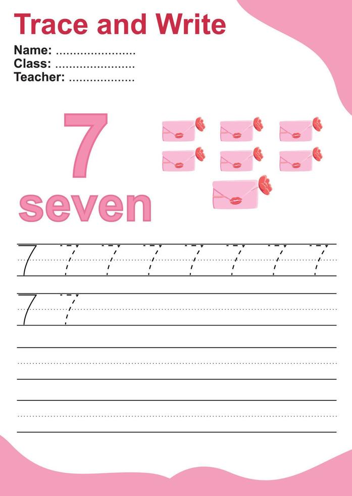 Trace and write number for children. Exercise for children to recognize the number. Educational worksheet for preschool. Valentine theme. Vector file.
