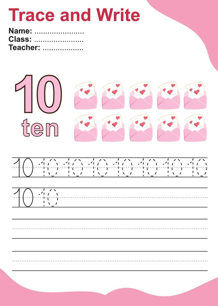 Trace and write number for children. Exercise for children to recognize the number. Educational worksheet for preschool. Valentine theme. Vector file.