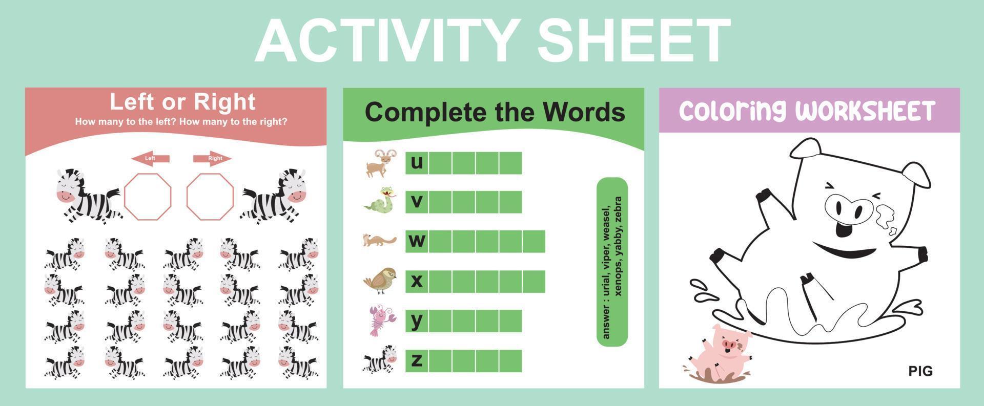 Educational printable worksheet. Activity sheet for children with animal theme. Coloring sheet, counting left or right animals, complete the words activity. Vector file.