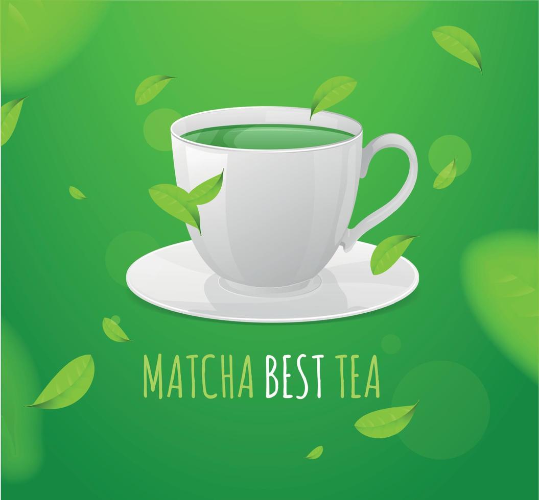 Realistic 3d Detailed Matcha Cup with Elements Vibrant Green Tea Leaves Concept Banner Card Background. Vector