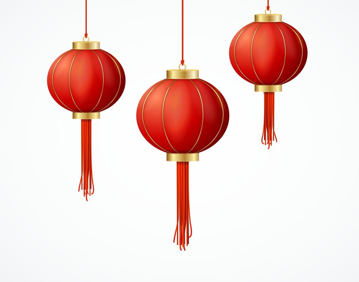 Realistic Detailed 3d Chinese Red Paper Lantern Set. Vector