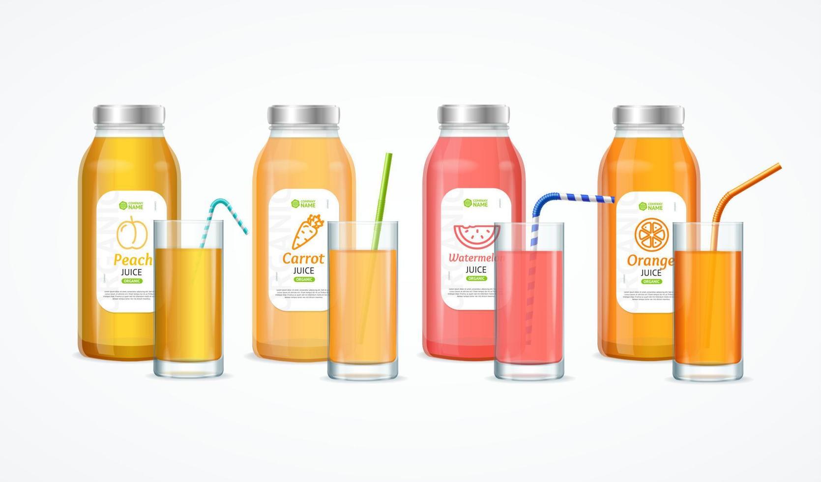 conjunto de botellas de jugo completo de color 3d detallado realista. vector