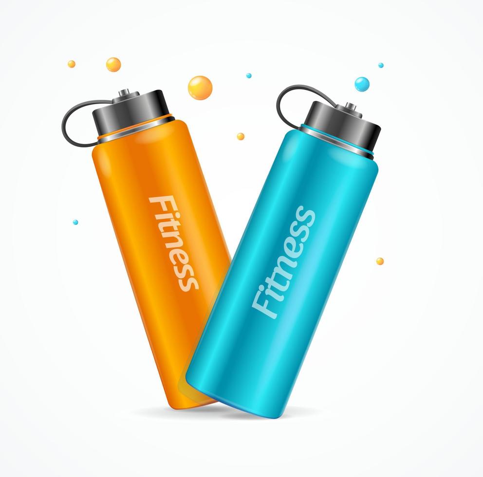 Realistic Detailed 3d Color Fitness Bottle with Bubbles Set. Vector